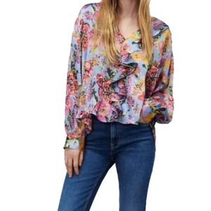 Zara Blue Floral Print Ruffle Front Long Sleeve V-Neck Blouse Size Large